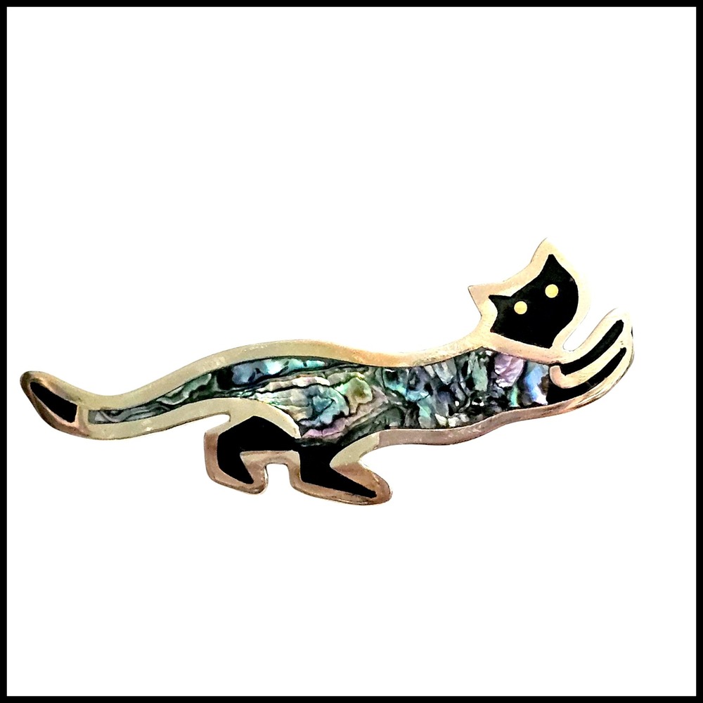 Alpaca Brooch Pin Abalone Cat Figural Silver Tone Vintage Costume‎ Jewelry